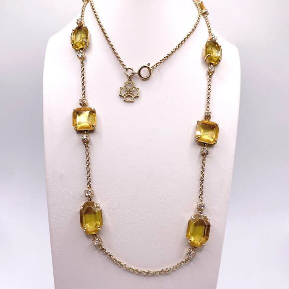 Vntg Ann Taylor Extra Large Necklace with Yellow Square Faceted Glass Stones 30” - Picture 4 of 8